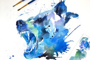 Watercolor splatter painting of a blue bear roaring