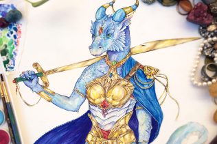 Full body photo of watercolor D&D dragon character painting in gold armor