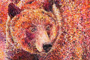 Acrylic Painting of a Pink Bear rendered in Impressionist spots. Kind of Pointalism.