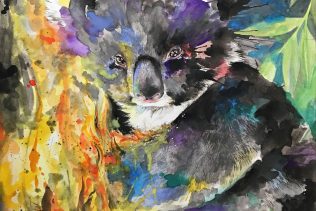 Rainbow watercolor splatter painting of a Koala on fire looking at the viewer. Australian wild fires