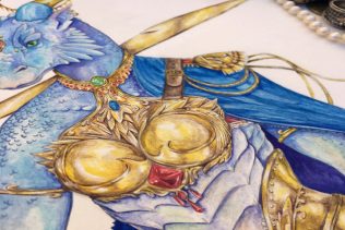 Watercolor painting of a D&D Character that is a humanoid blue dragon with gold armor. Abandon Podquest