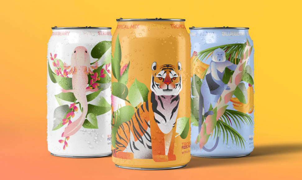 tiger, axolotl, and monkey illustrations on soda cans mockup