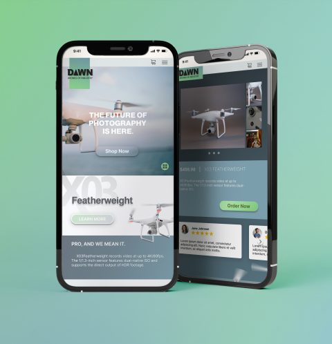 Mint green iphone mockups of Dawn Drones website
