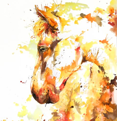 Watercolor splatter painting of a stocky horse