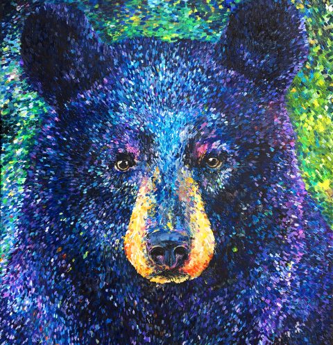Acrylic Painting of a blue Bear rendered in Impressionist spots. Kind of Pointalism.