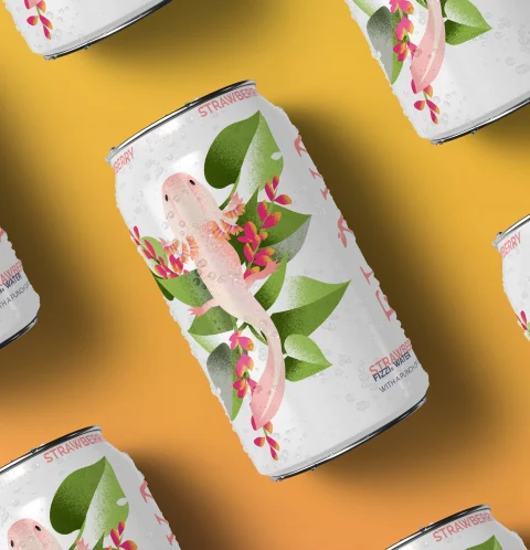 digital illustration of an axolotl on mockup soda cans