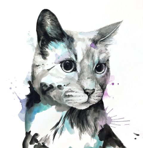 Watercolor splatter painting of a blue and black cat