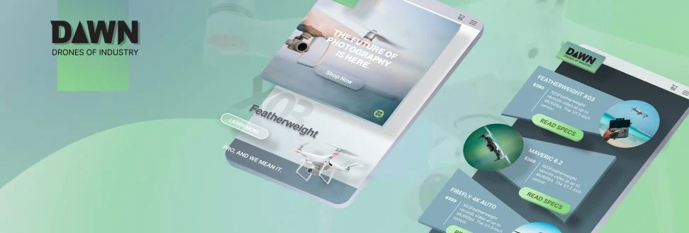 Mint green iphone mockups of Dawn Drones website