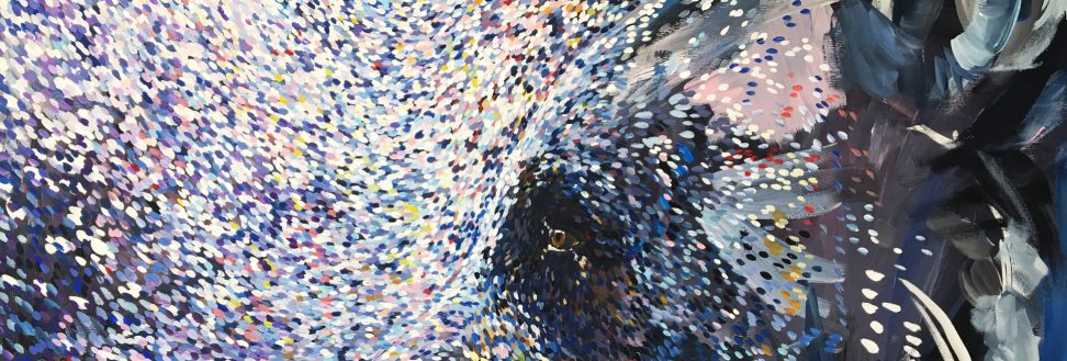 work in progress of Acrylic Painting of a Bear rendered in Impressionist spots. Kind of Pointalism.