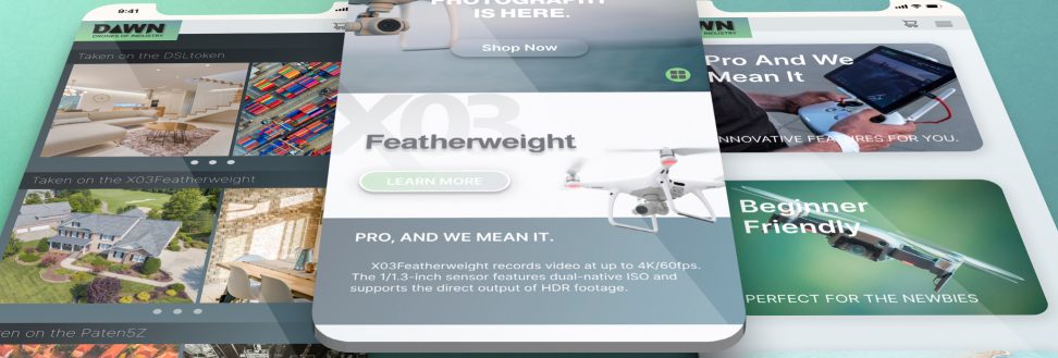 Mint green iphone mockups of Dawn Drones website