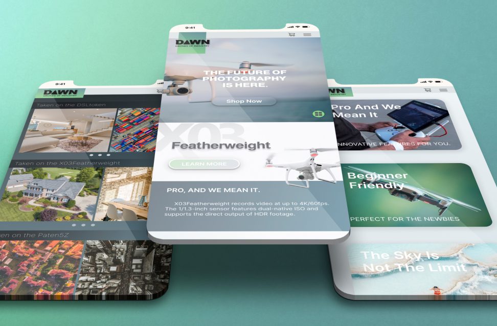 Mint green iphone mockups of Dawn Drones website