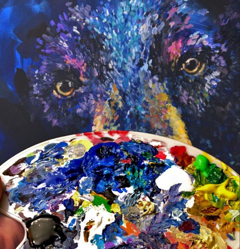 work in progress of Acrylic Painting of a blue Bear rendered in Impressionist spots. Kind of Pointalism.
