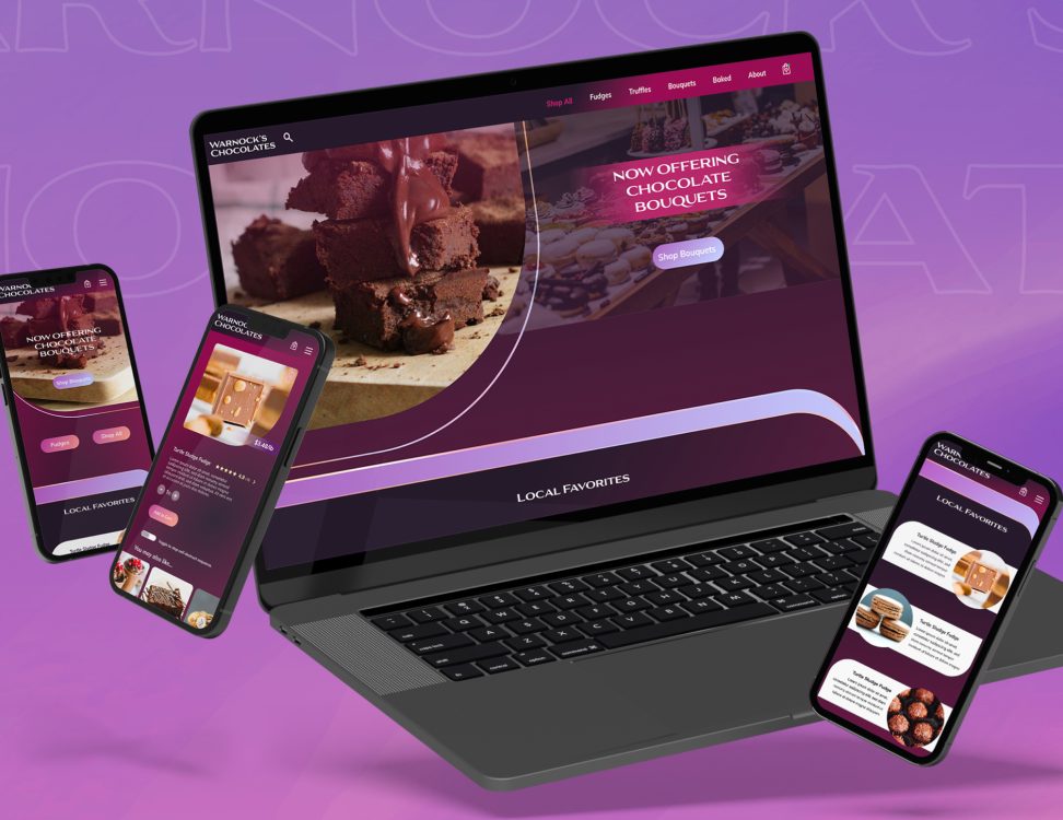 Purple laptop and iphone mockup of Warnock's Chocolates website