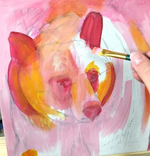 work in progress of Acrylic Painting of a Pink Bear rendered in Impressionist spots. Kind of Pointalism.