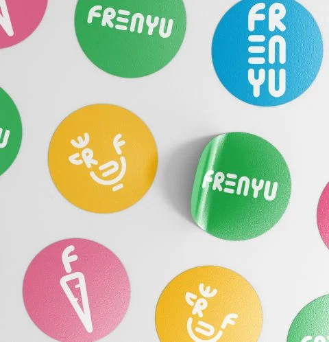 Frenyu bubbly restaurant brand sticker mockup with chicken icon