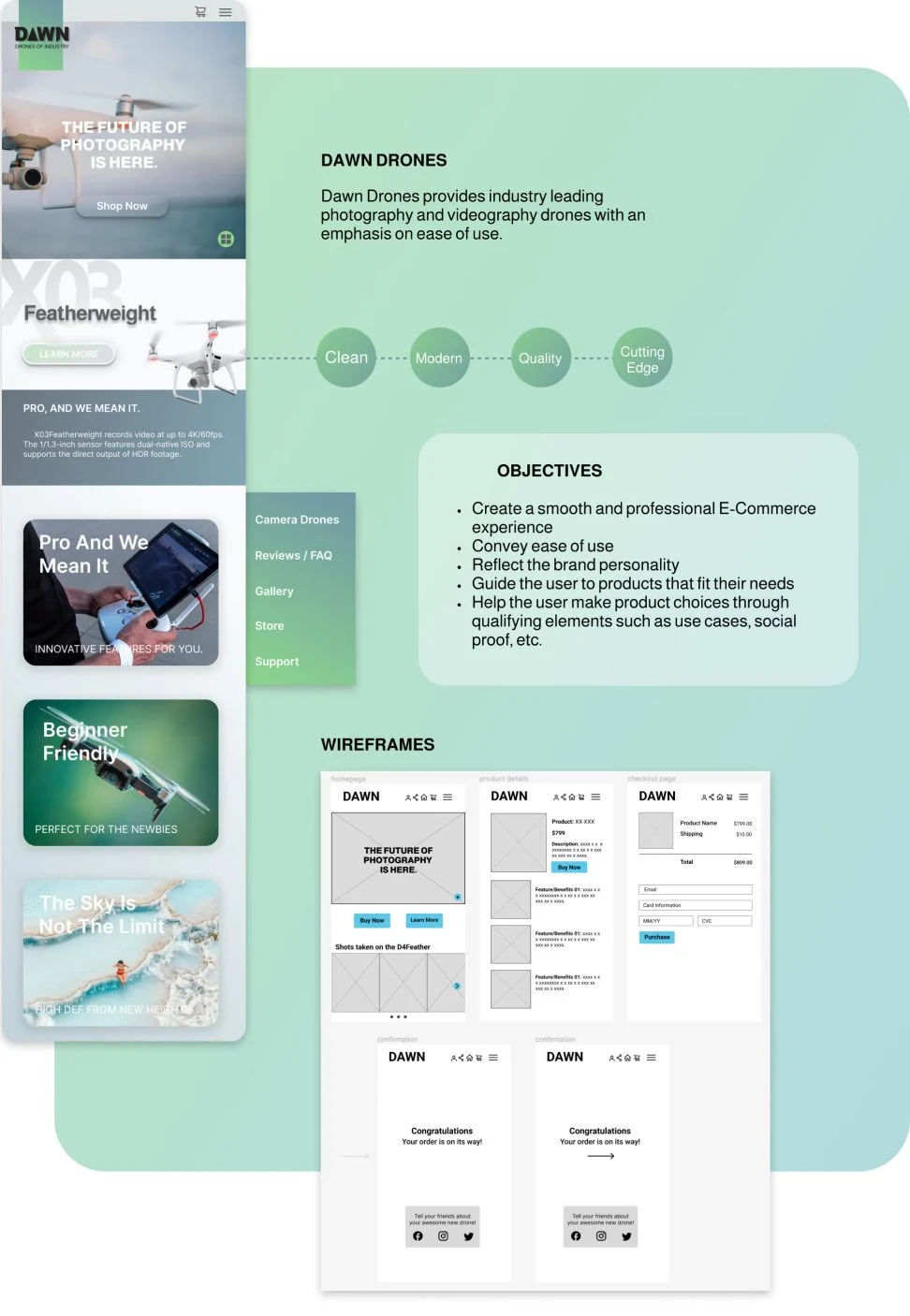 Mint green flatlay of website UI mockups of Dawn Drones website