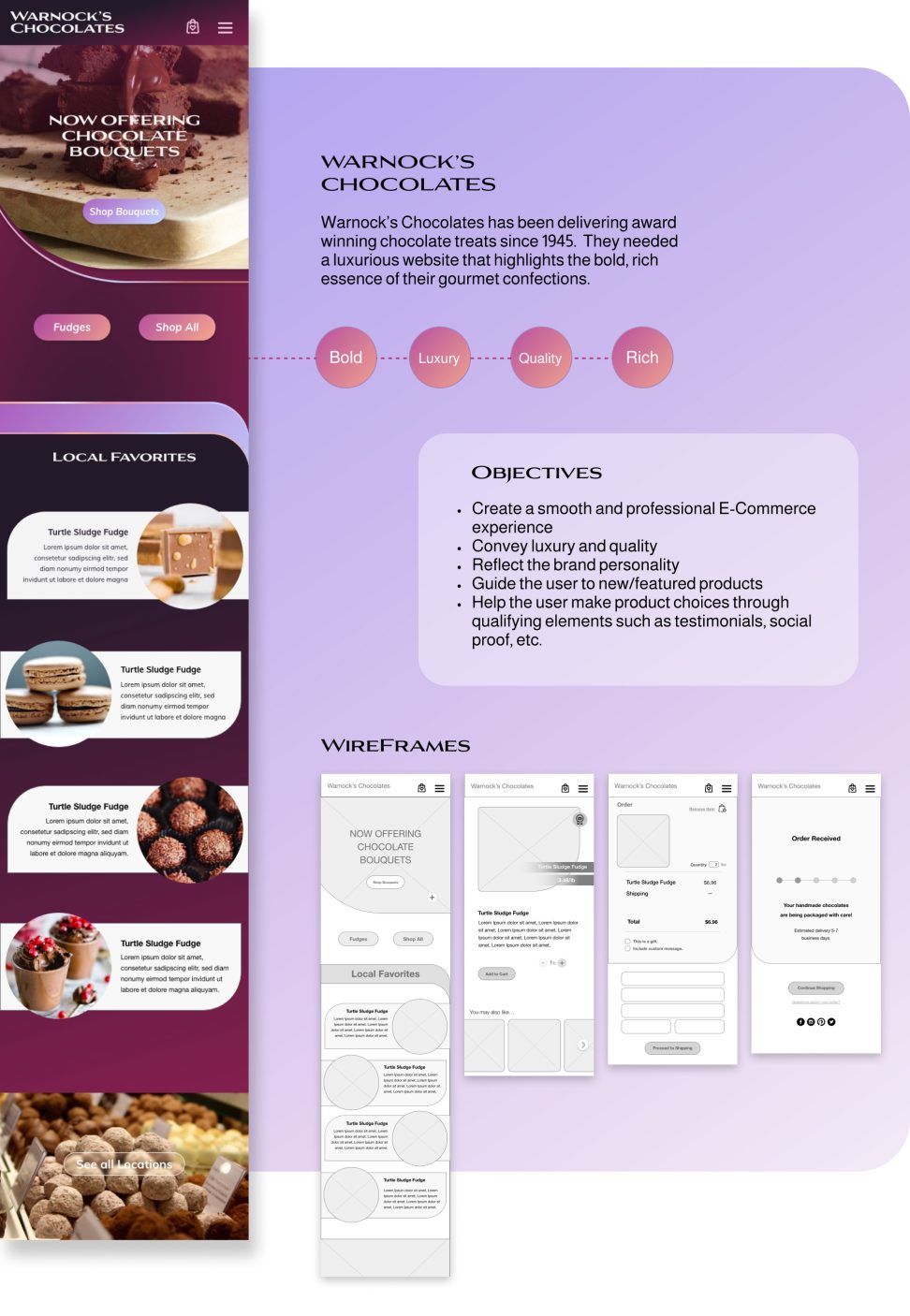 flatlay of Purple Warnock's Chocolates website UI UX
