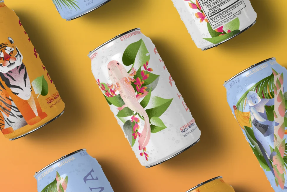 digital illustration of an axolotl, blue capuchin monkey, and Bengel tiger on mockup soda cans