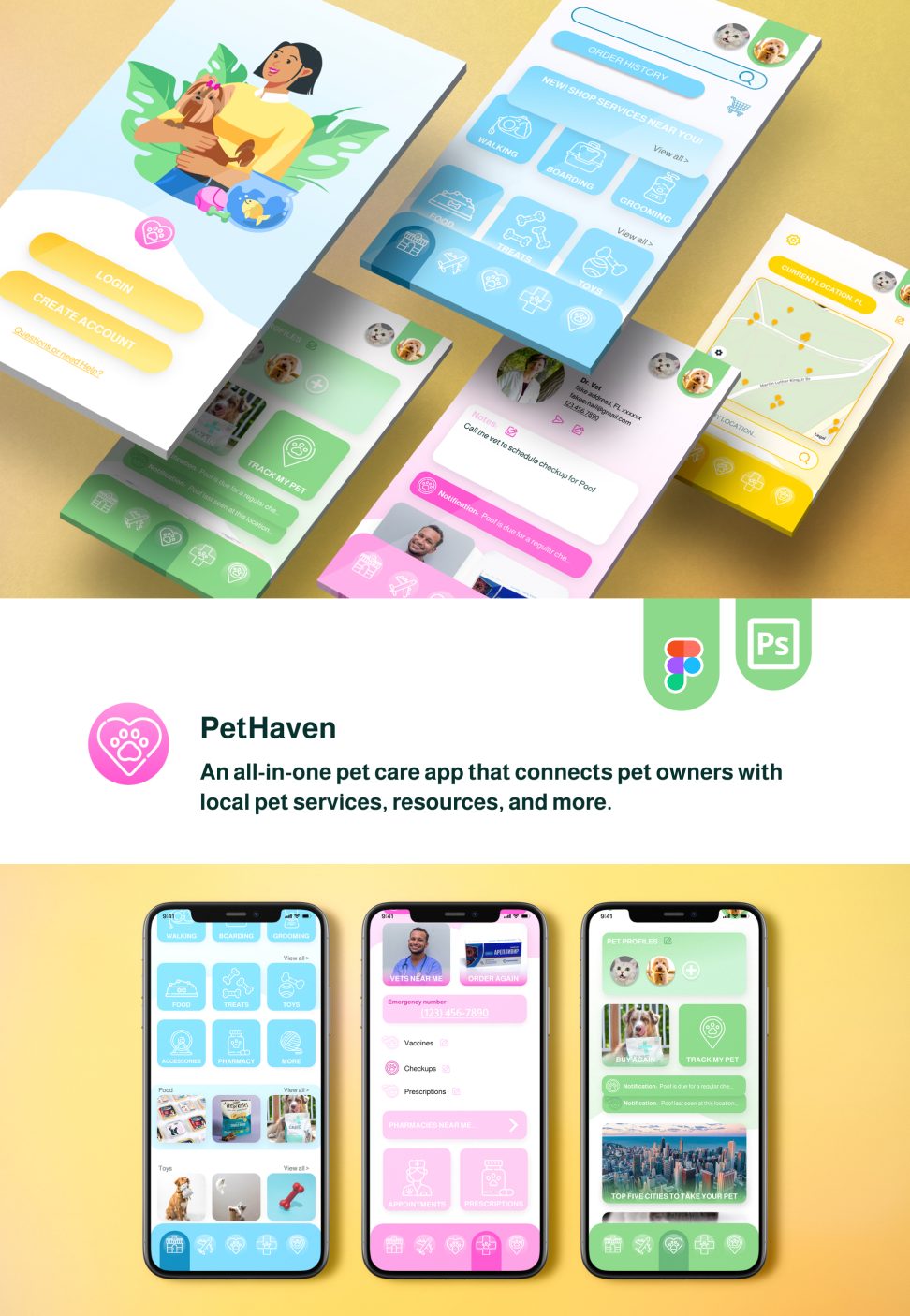 Pet Haven app concept and UI design. iPhone mockups of the light theme and primary color design of a conceptual pet care app case study.