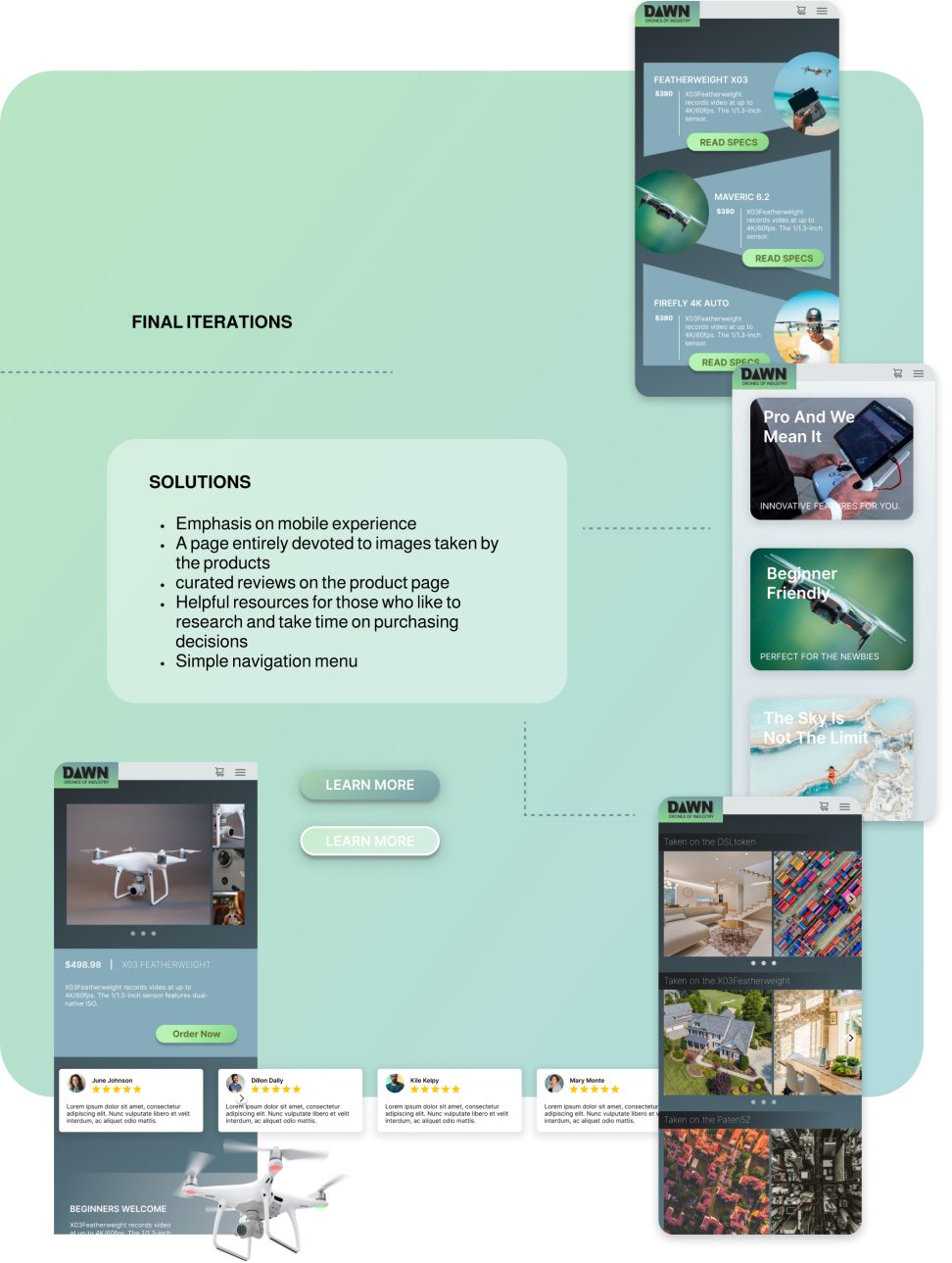 Mint green flatlay of website UI mockups of Dawn Drones website
