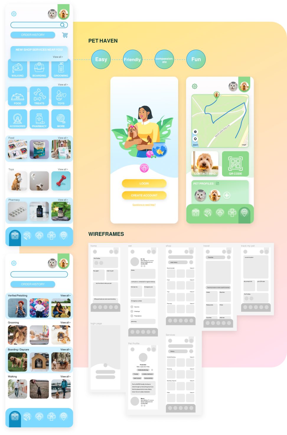 Pet Haven app concept and UI design. iPhone mockups of the light theme and primary color design of a conceptual pet care app case study.