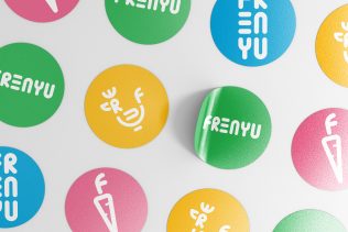 Frenyu bubbly restaurant brand sticker mockup with chicken icon
