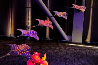 hanging sting ray sculptures for blacklight art installation