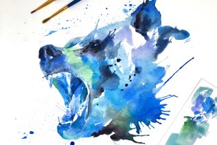 Watercolor splatter painting of a blue bear roaring