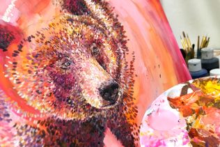 work in progress of Acrylic Painting of a Pink Bear rendered in Impressionist spots. Kind of Pointalism.