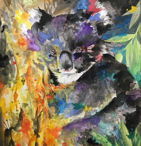 Rainbow watercolor splatter painting of a Koala on fire looking at the viewer. Australian wild fires