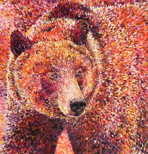 Acrylic Painting of a Pink Bear rendered in Impressionist spots. Kind of Pointalism.