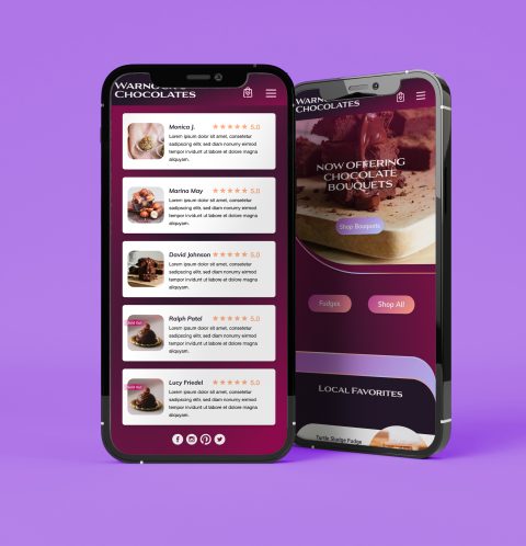 Purple iphone mockup of Warnock's Chocolates website