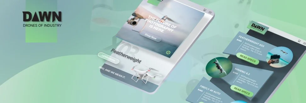 Mint green iphone mockups of Dawn Drones website