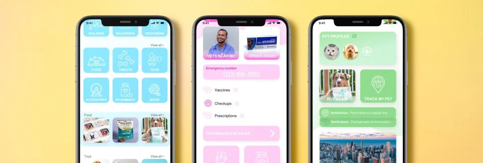 Pet Haven app coancept and UI design. iPhone mockups of the light theme and primary color design of a conceptual pet care app case study.