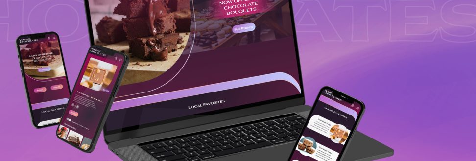 Purple laptop and iphone mockup of Warnock's Chocolates website