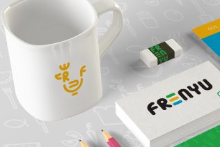 Frenyu bubbly restaurant brand mug mockup with chicken icon