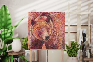 canvas mockup of Acrylic Painting of a Pink Bear rendered in Impressionist spots. Kind of Pointalism.